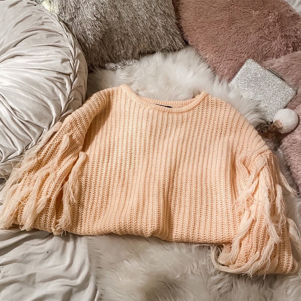 Light Orange Knit Sweater With Fringes On Sleeves